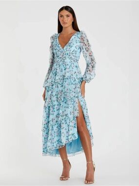 Mac Duggal 55880 Blue Puff Sleeve Floral Printed Dress Size 10